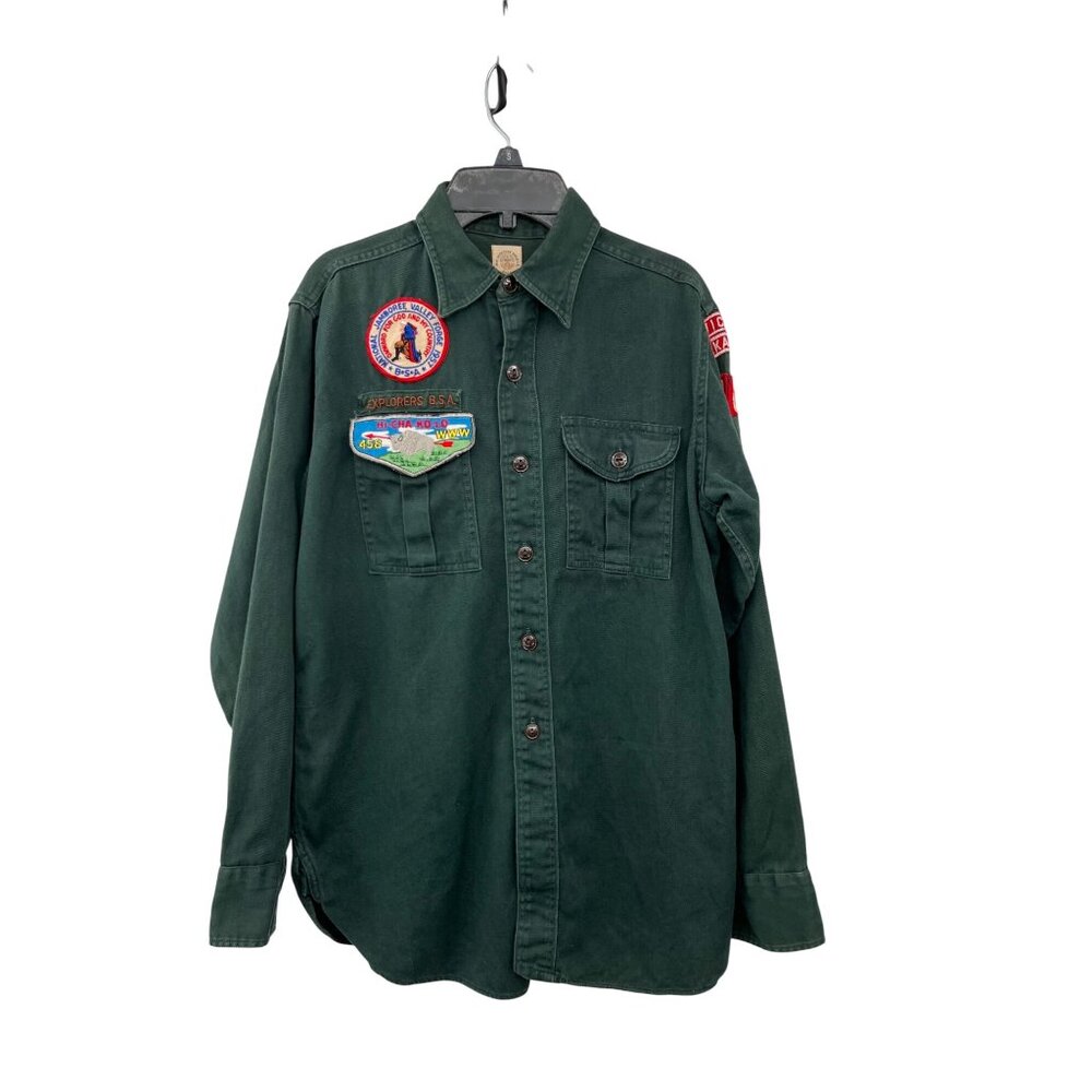 Vintage Boy Scouts Of America Shirt Green Button-Up With 1957 Patches Mens S? Ne